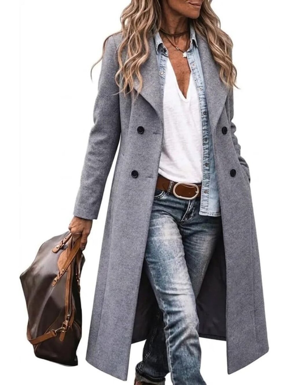 Chic Women's Long Wool Trench Coat with Shawl Collar - Double Breasted